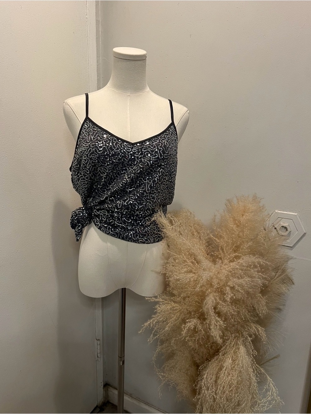 Express Black Sequin Camisole with Side Tie